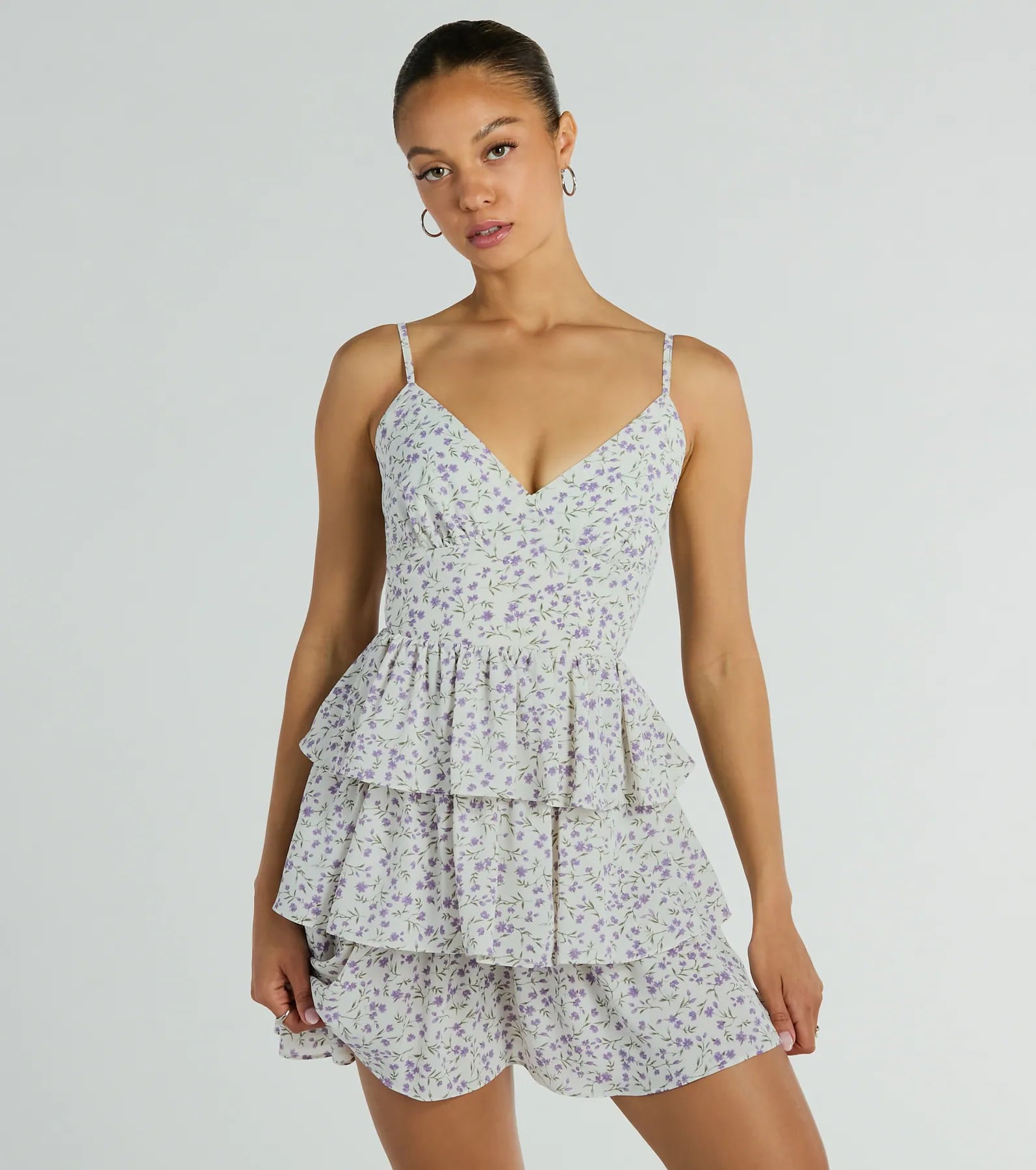 V-neck Tiered Floral Print Spaghetti Strap Skater Dress/Midi Dress With Ruffles