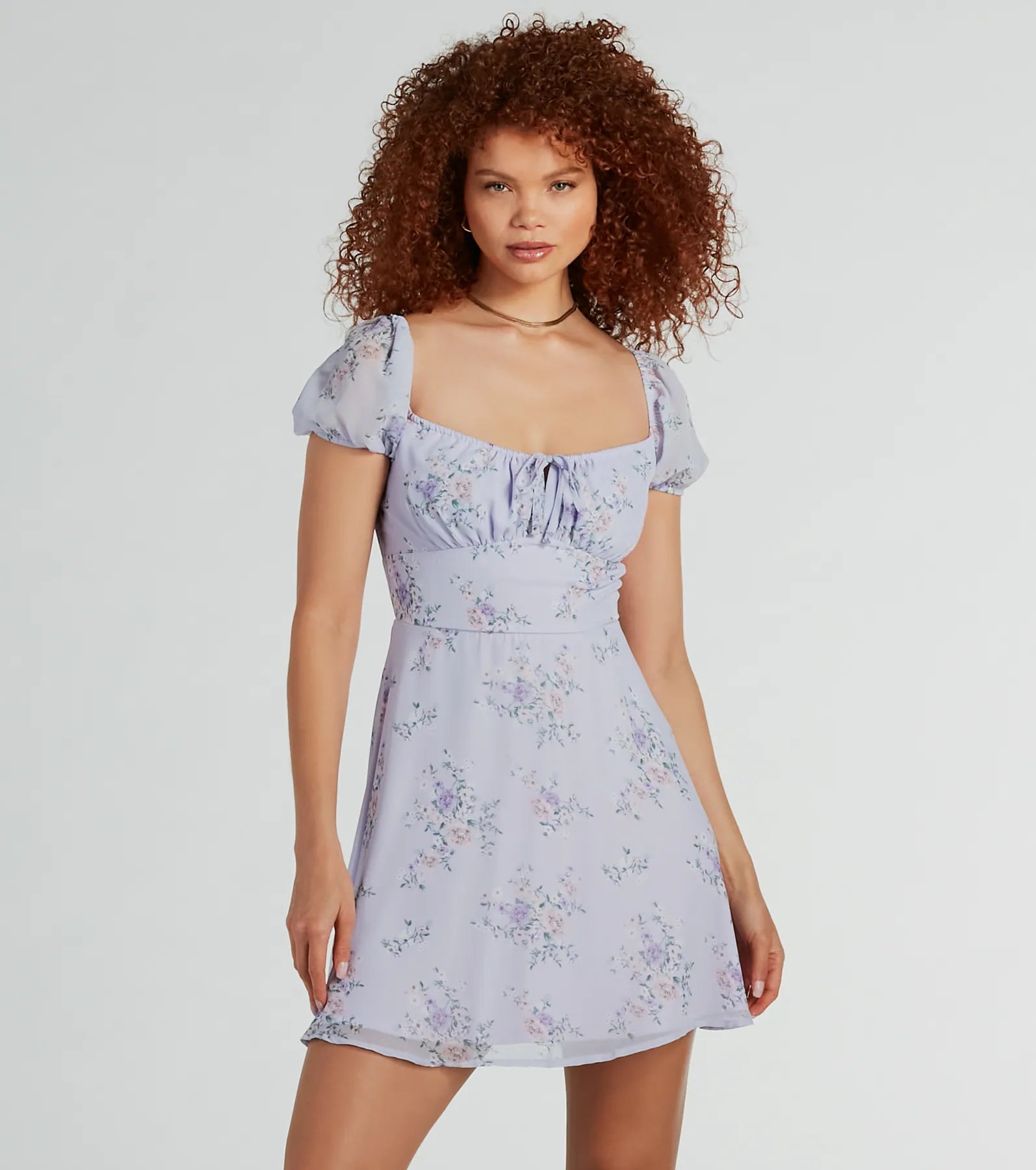 Square Neck Ruched Fitted Sheer Floral Print Puff Sleeves Sleeves Fit-and-Flare Skater Dress/Midi Dress