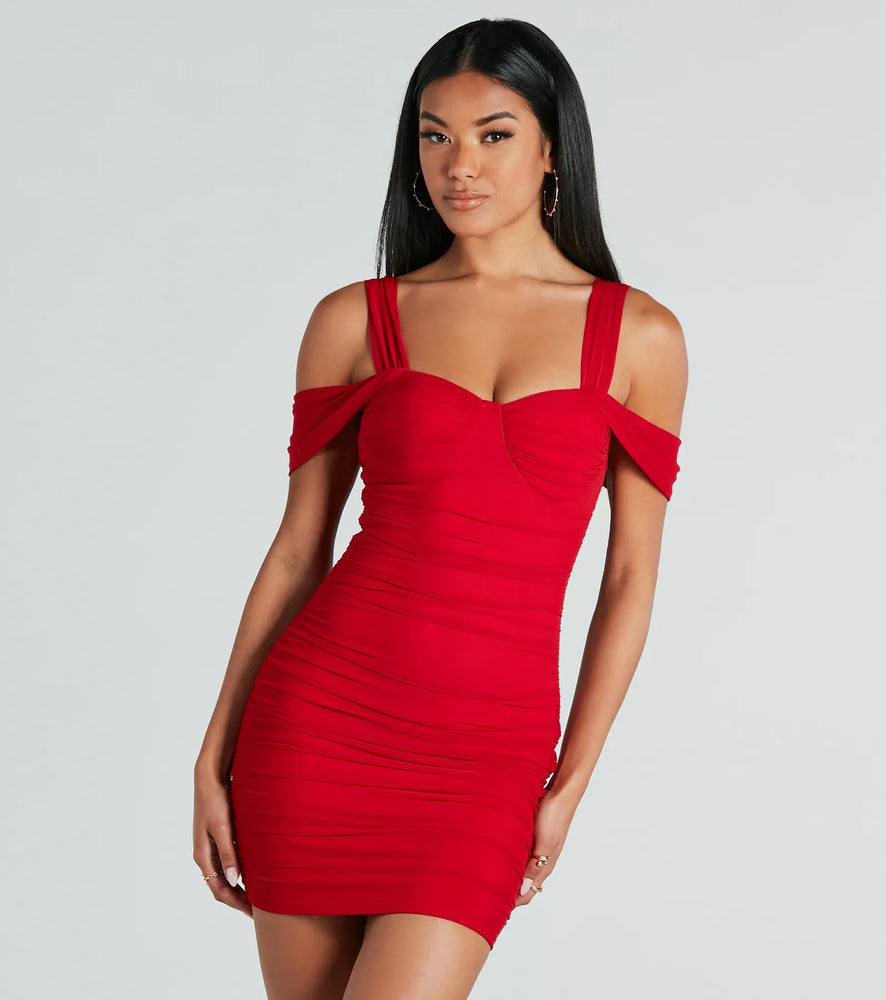 Winning Style Mesh Ruched Mini Dress in Red