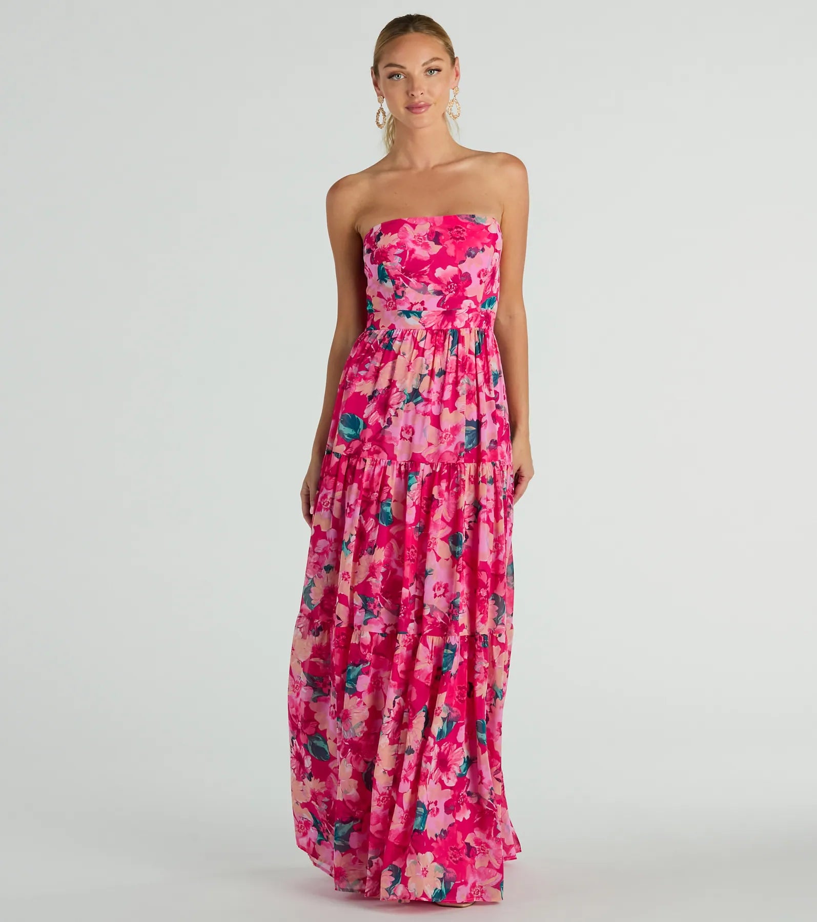 Strapless Floral Print Flowy Stretchy Back Zipper Maxi Dress With Ruffles