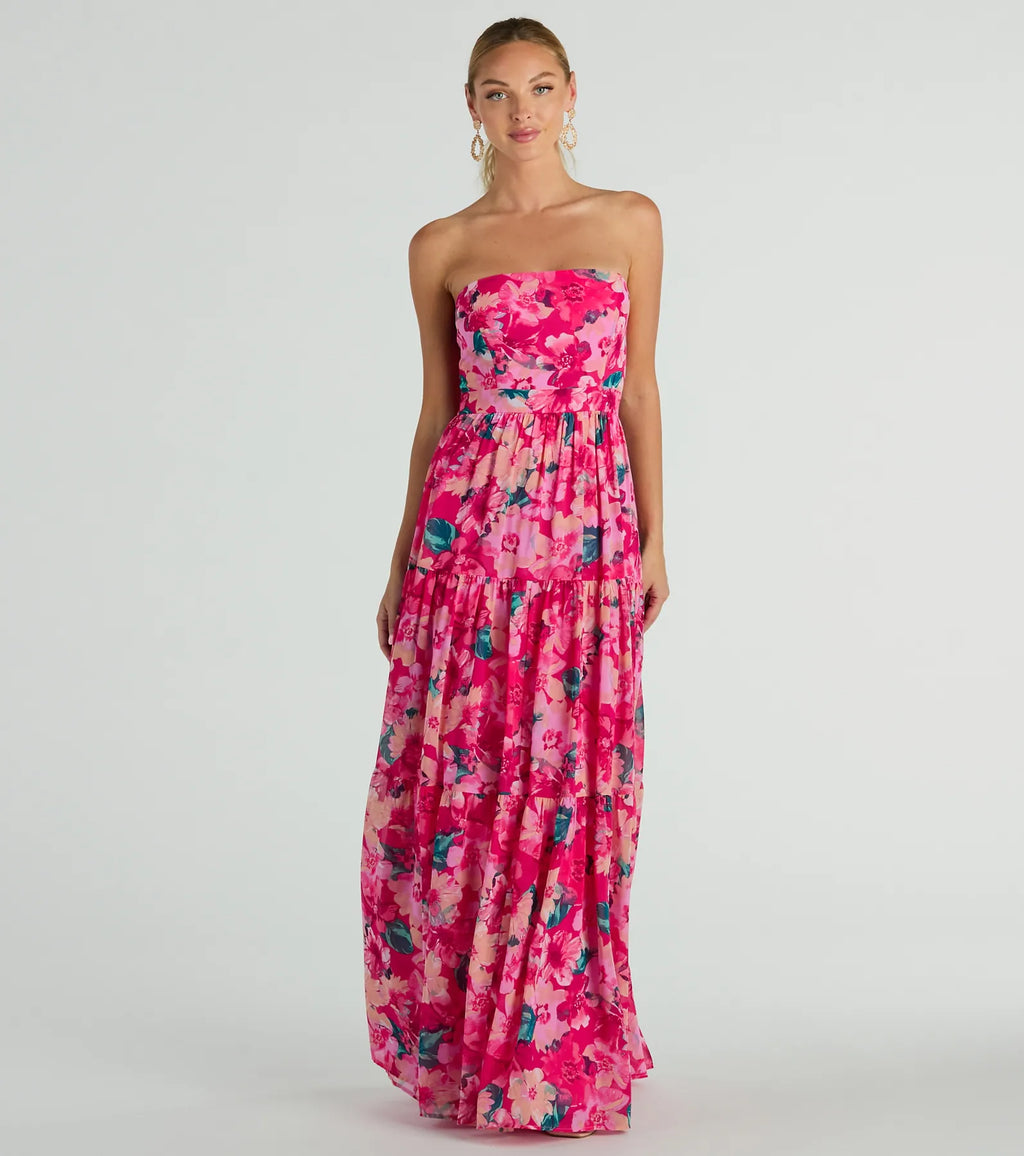 Radiate Romantic Vibes Strapless Floral Chiffon Maxi Dress Pink