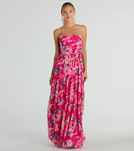 Radiate Romantic Vibes Strapless Floral Chiffon Maxi Dress Pink