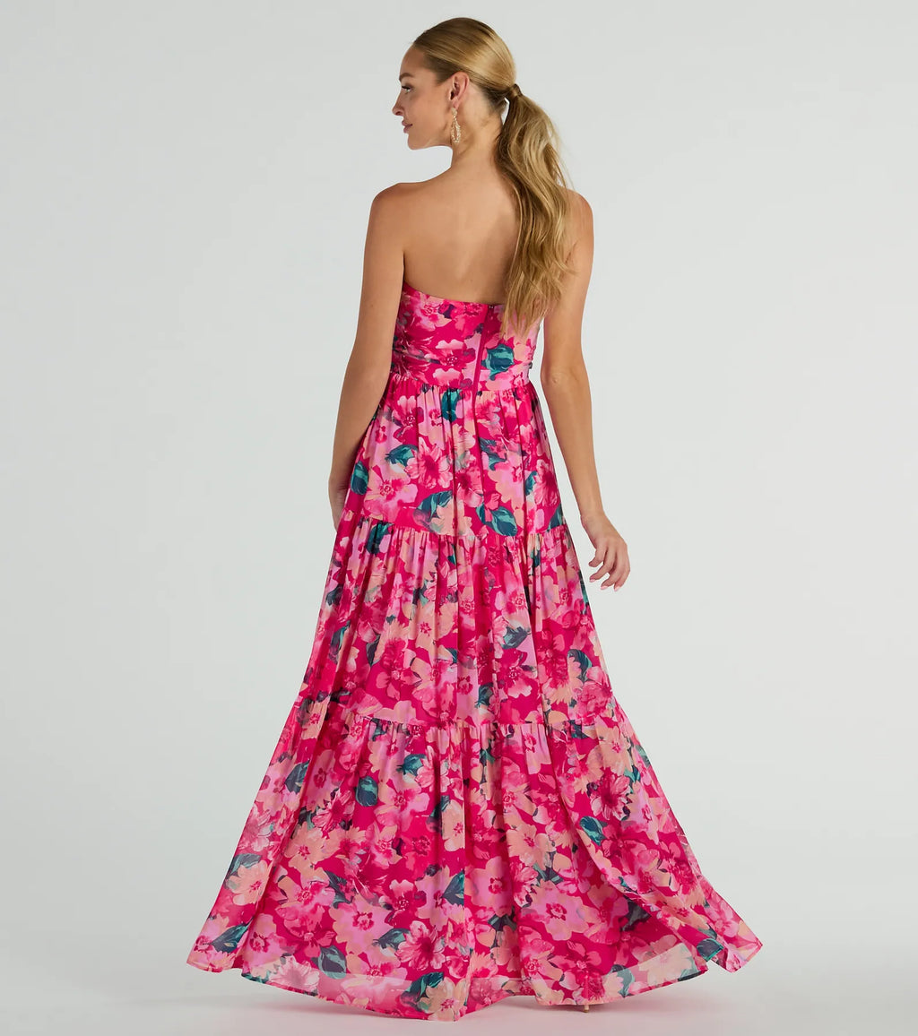Radiate Romantic Vibes Strapless Floral Chiffon Maxi Dress Pink