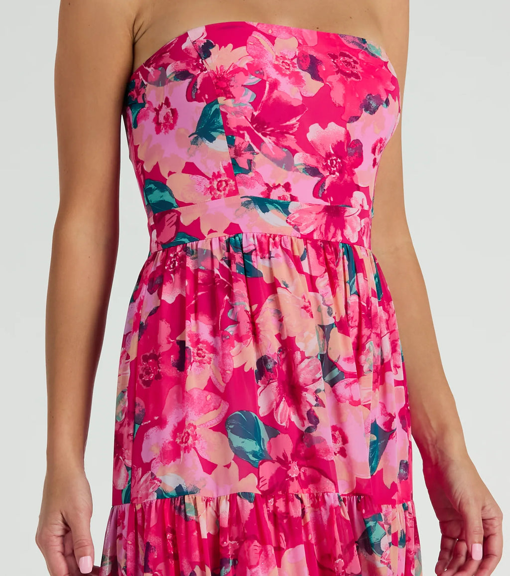 Radiate Romantic Vibes Strapless Floral Chiffon Maxi Dress Pink
