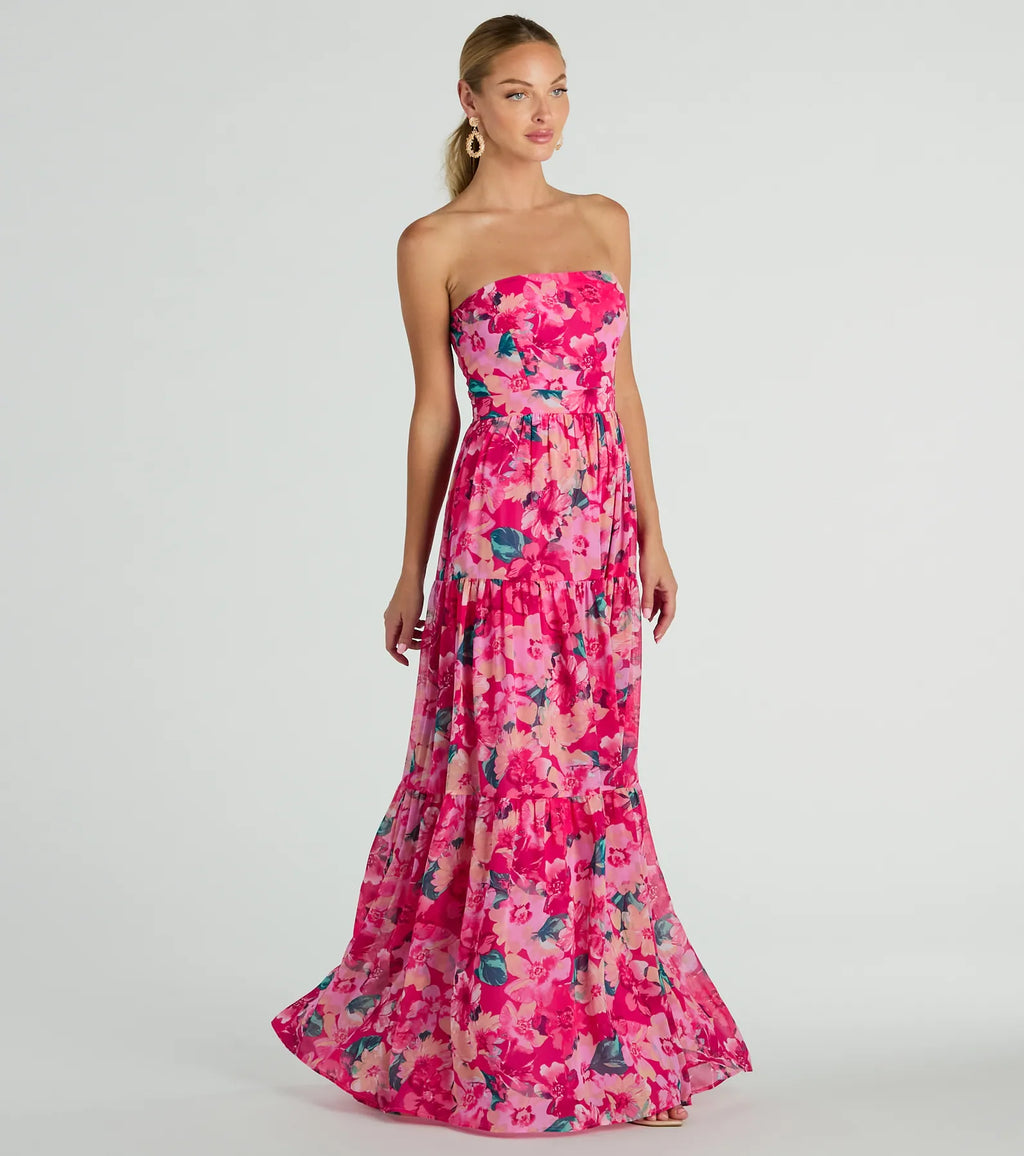 Radiate Romantic Vibes Strapless Floral Chiffon Maxi Dress Pink