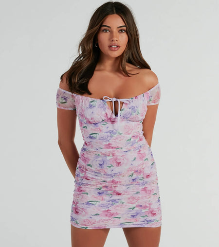 Sweet Charm Off-The-Shoulder Floral Mesh Mini Dress Pink