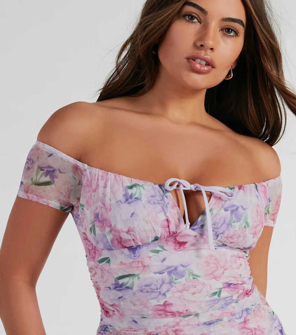 Sweet Charm Off-The-Shoulder Floral Mesh Mini Dress Pink