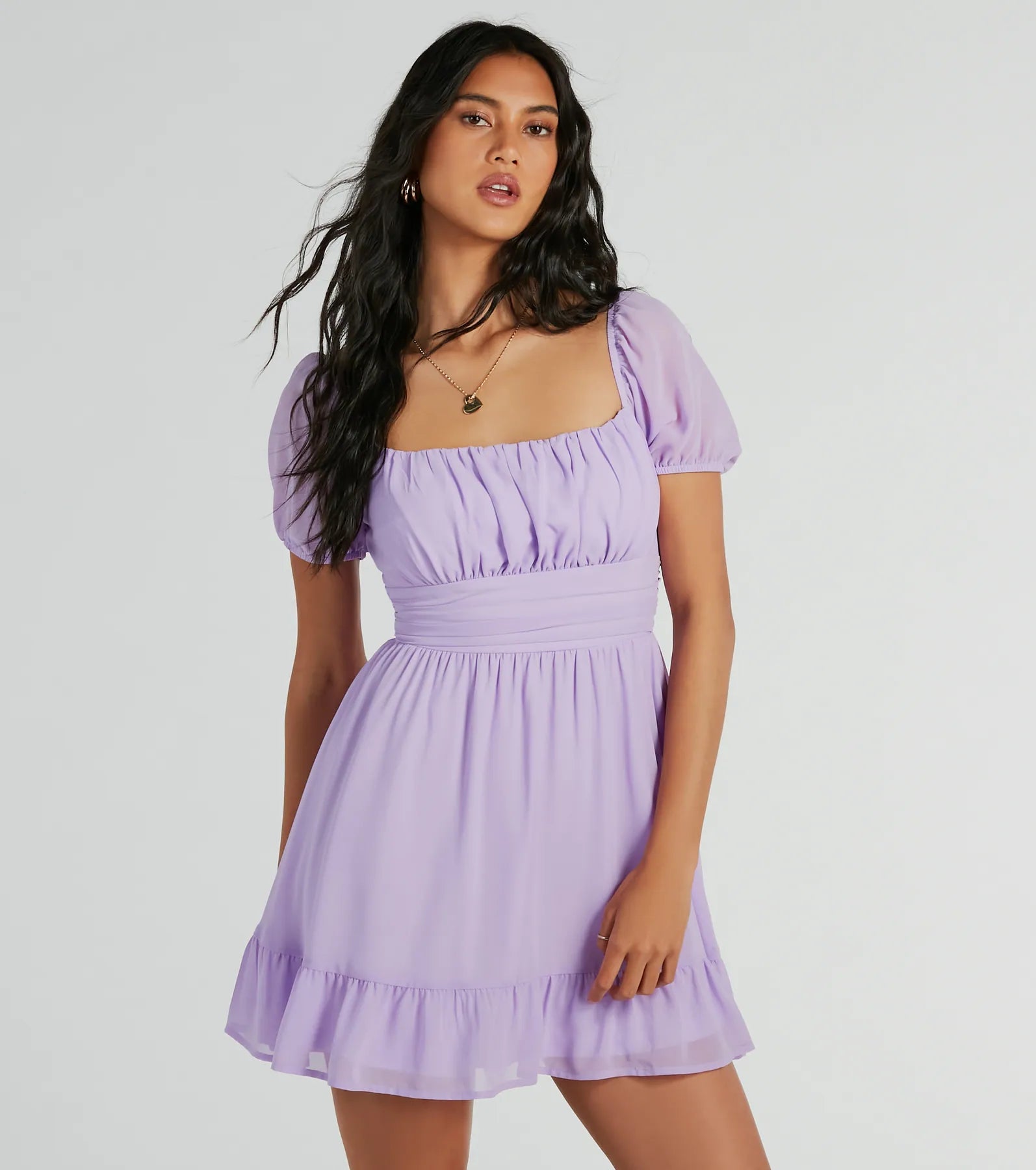 Square Neck Fitted Ruched Stretchy Sheer Fit-and-Flare Puff Sleeves Sleeves Spring Summer Skater Dress/Midi Dress With Ruffles