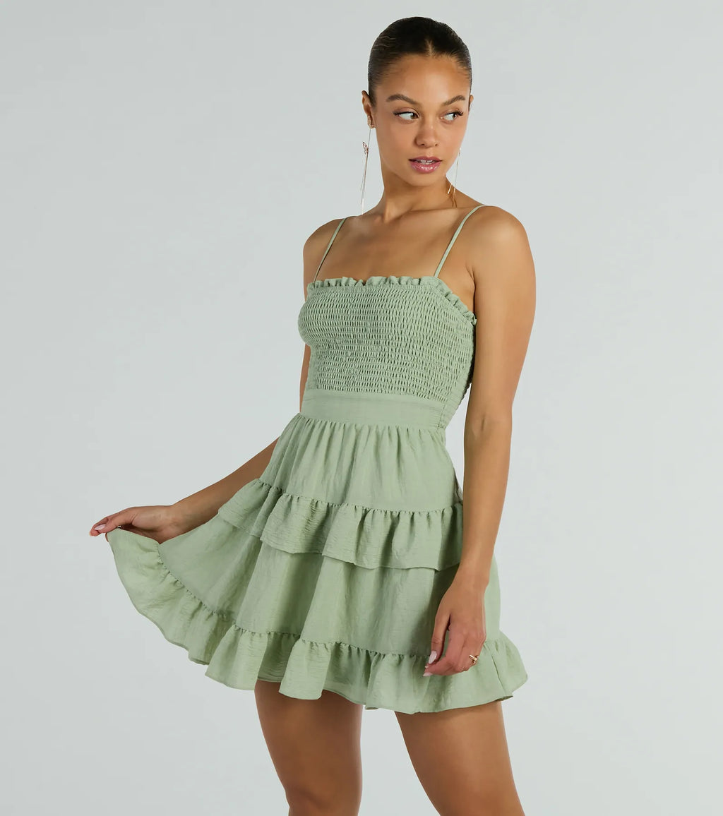 Tea Time Ruffled Mini Skater Dress White Sage