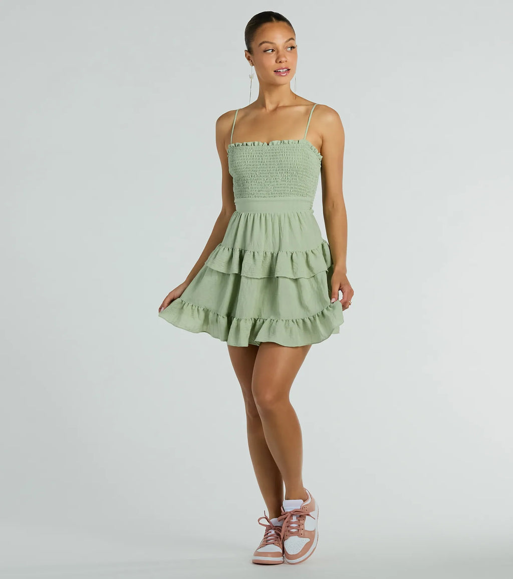 Tea Time Ruffled Mini Skater Dress White Sage