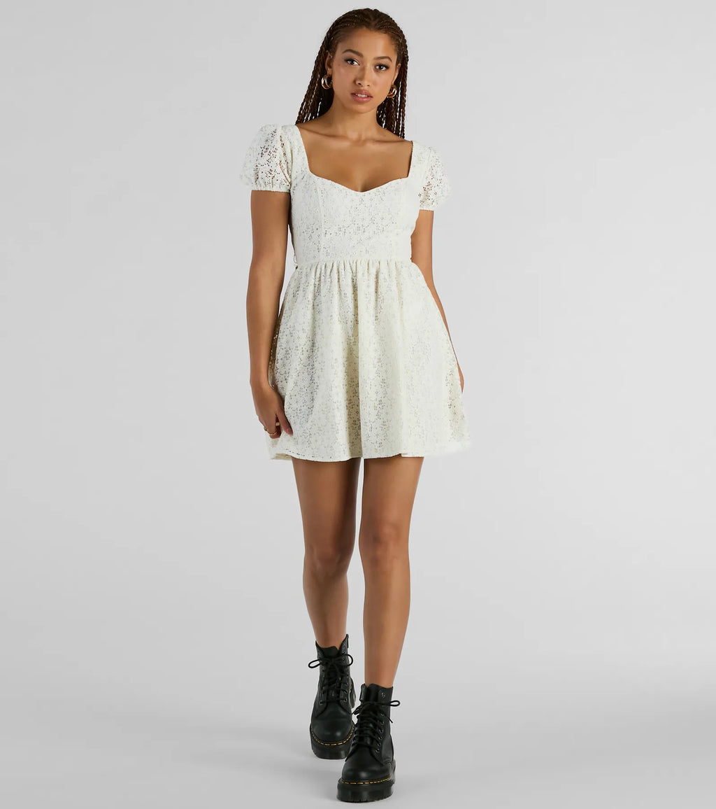 Perfectly Stunning Eyelet Lace Bow Skater Dress Ivory