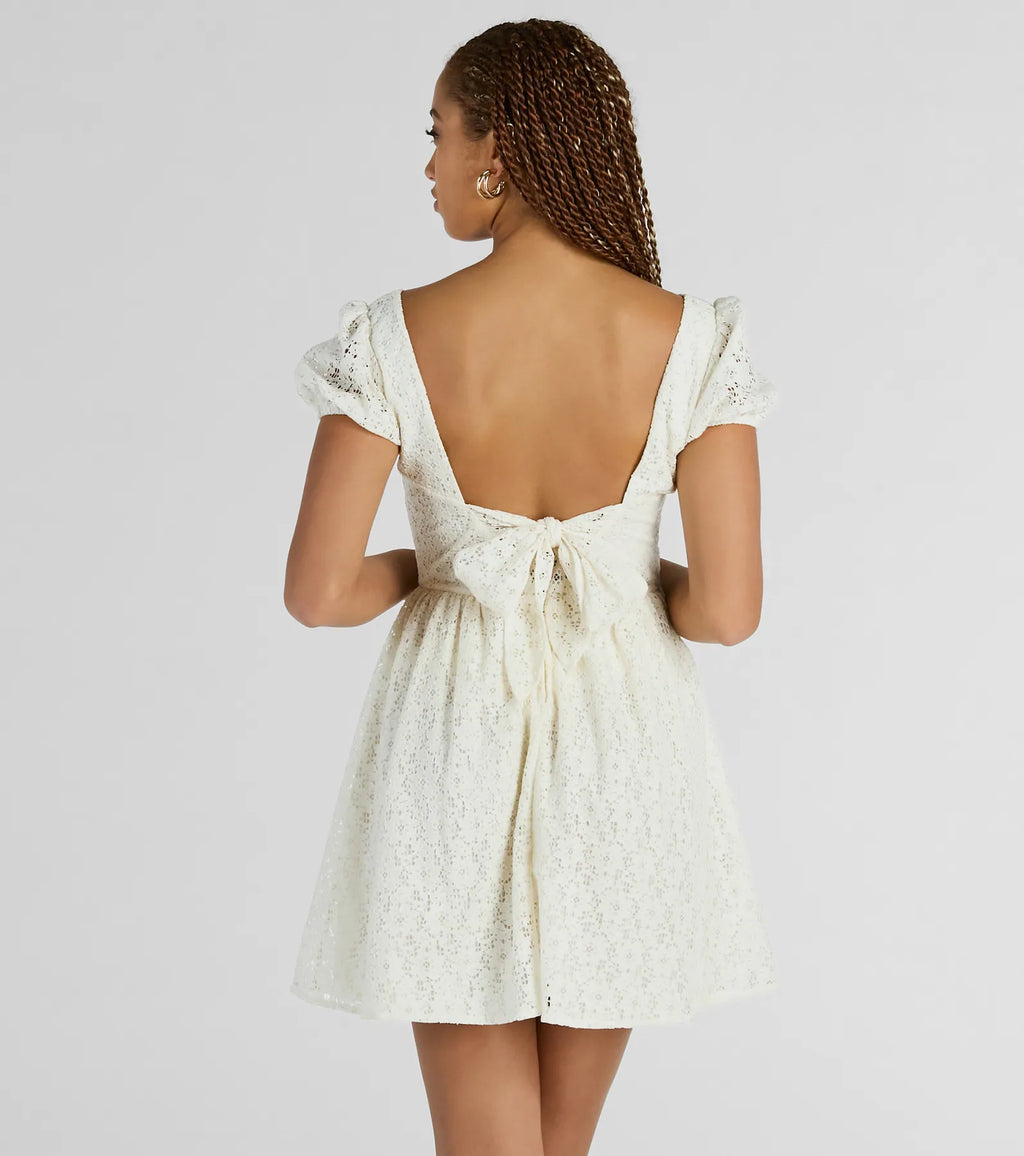 Perfectly Stunning Eyelet Lace Bow Skater Dress Ivory