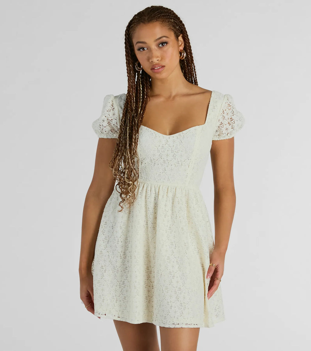 Perfectly Stunning Eyelet Lace Bow Skater Dress Ivory