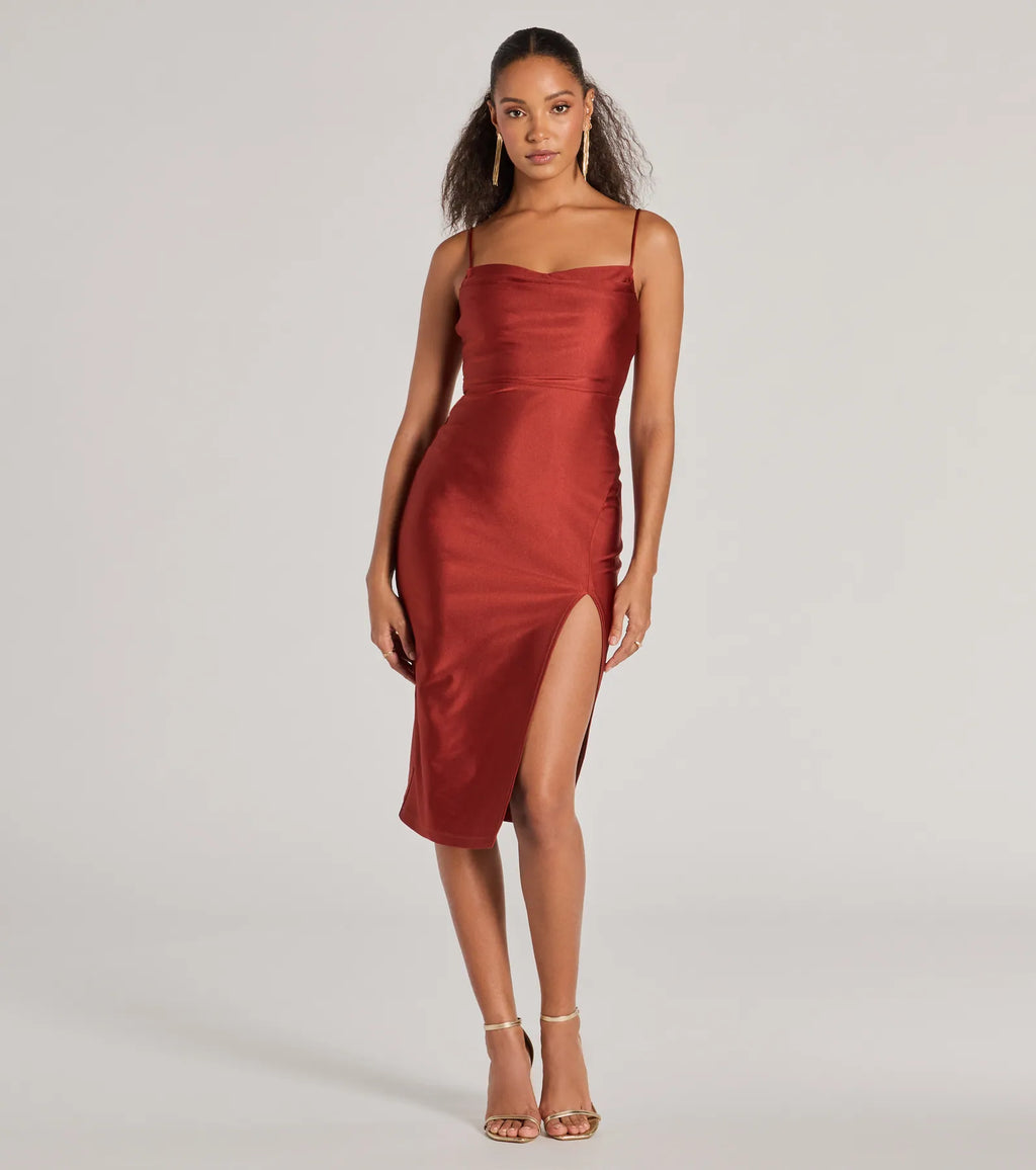 Sleek Smooth High Slit Midi Dress Hunter Navy Magenta Red Brown Red Black Burgundy Mauve Sage Rust Red-2 Sage-2