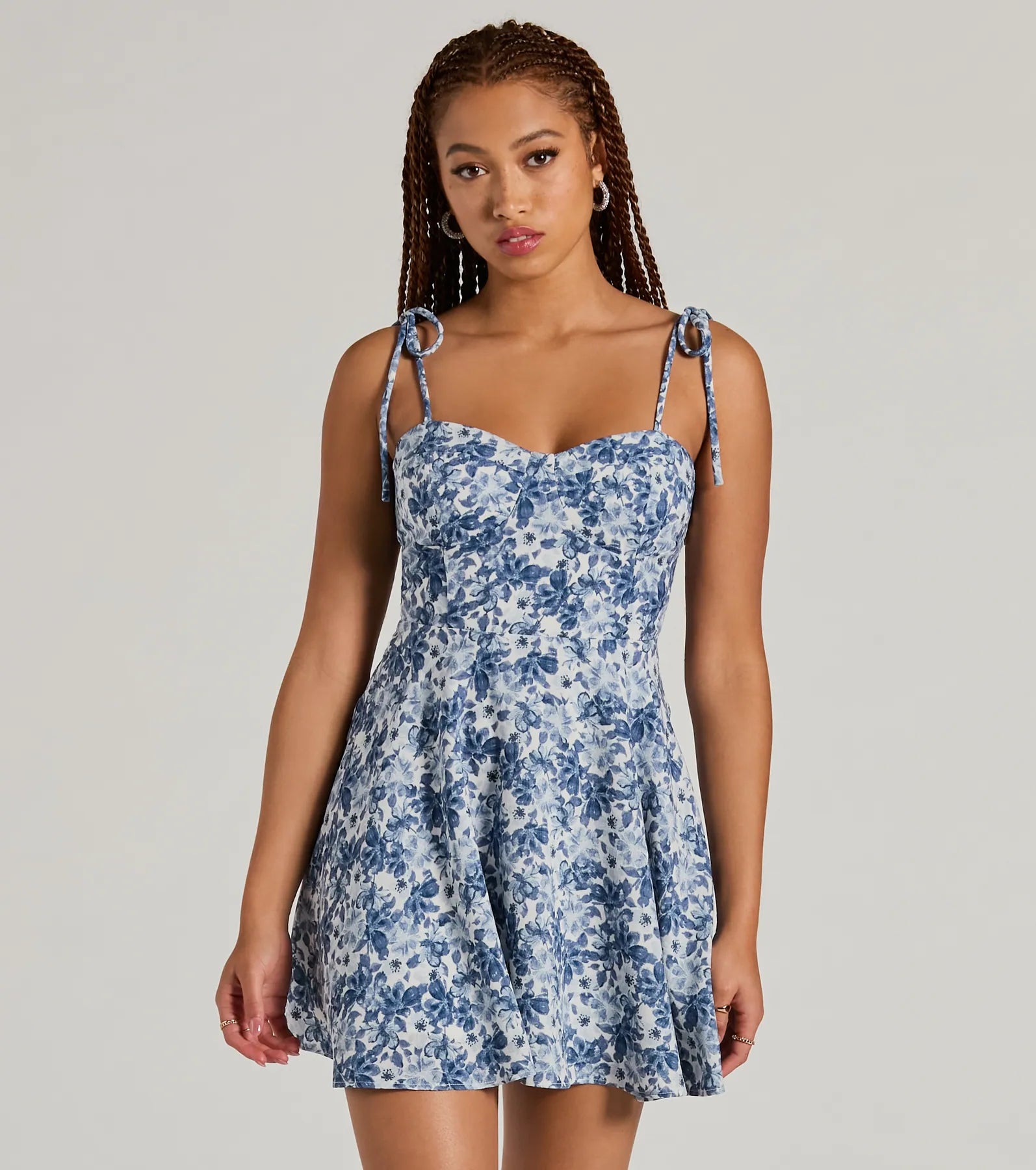 Sweetheart Floral Print Spaghetti Strap Back Zipper Stretchy Skater Dress/Midi Dress