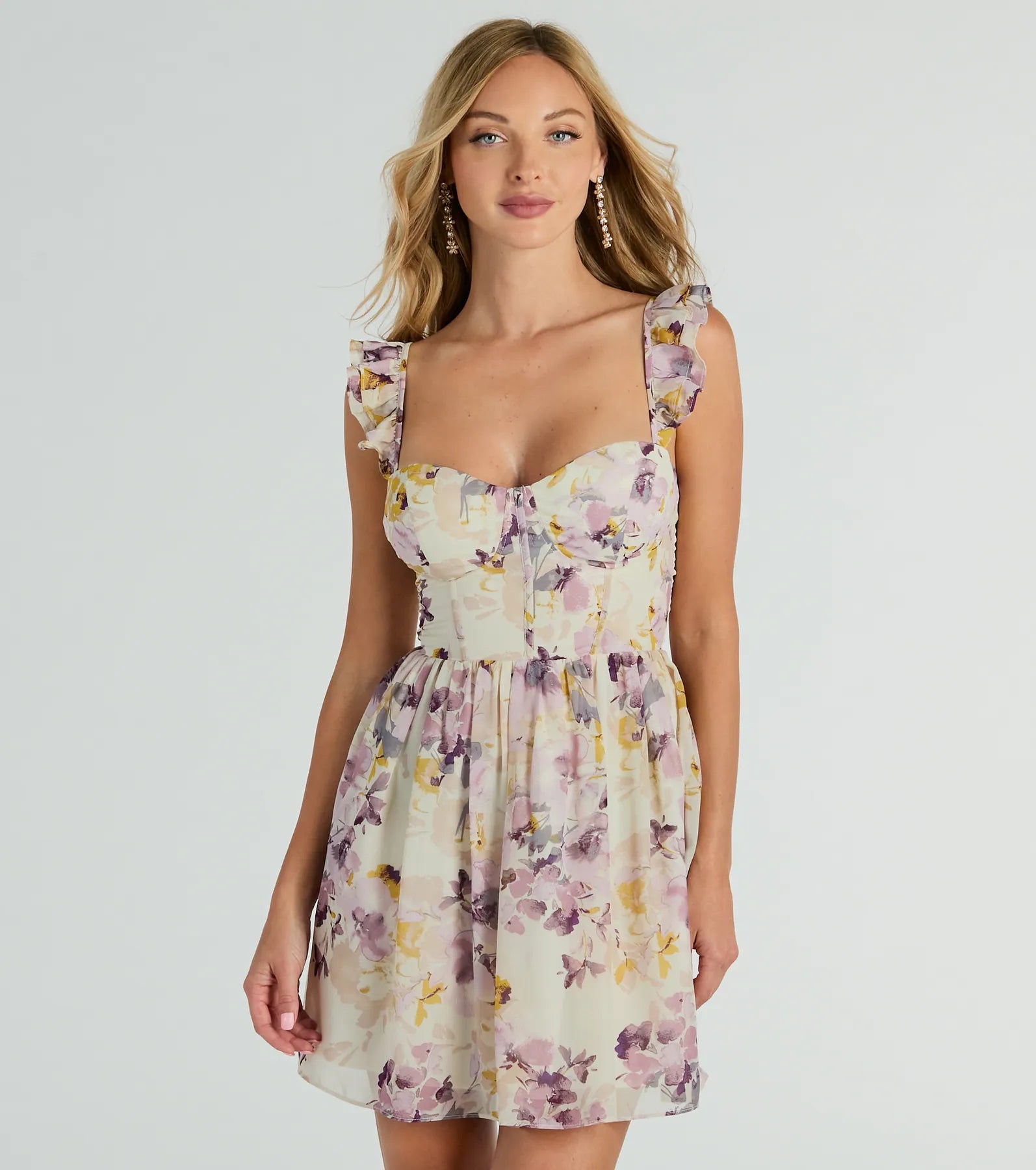 Lace-Up Sweetheart Floral Print Corset Waistline Skater Dress/Midi Dress With Ruffles