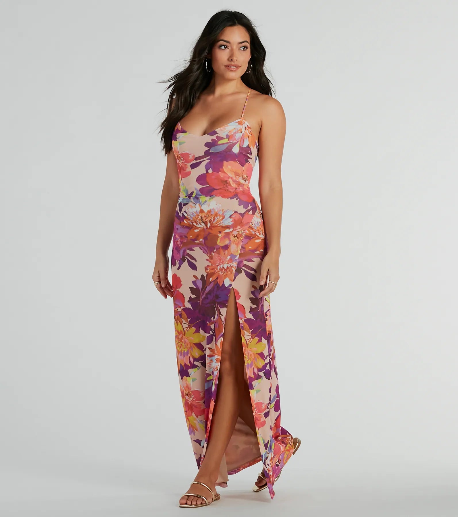 V-neck Floral Print Lace-Up Slit Mesh Flowy Spaghetti Strap Beach Dress/Maxi Dress