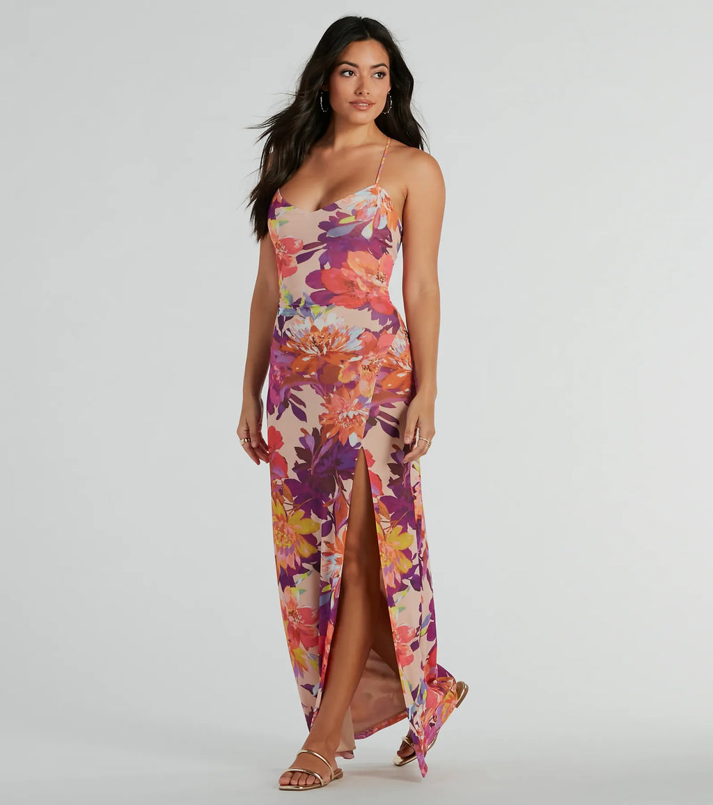 Paradise Babe Tropical Floral Lace Up Maxi Dress Multi