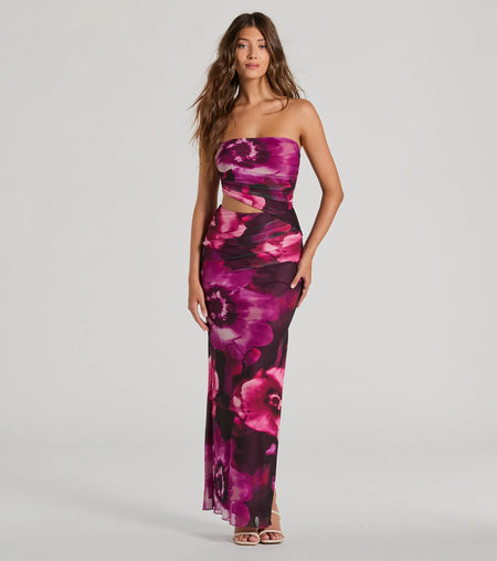 Gorgeous Favorite Strapless Cutout Floral Maxi Dress Black