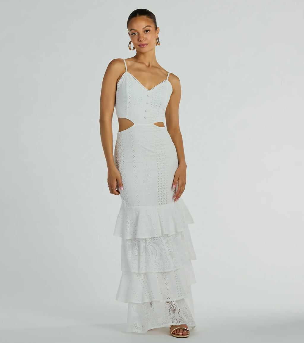 V-Neck Loose Fit Eyelet Ruffle Maxi Dress White