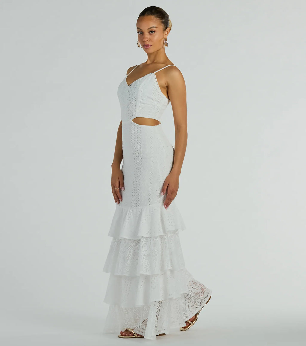 V-Neck Loose Fit Eyelet Ruffle Maxi Dress White