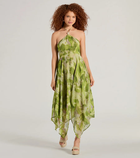 Dreamy Muse Flowy Midi Dress in Watercolor Chiffon Green
