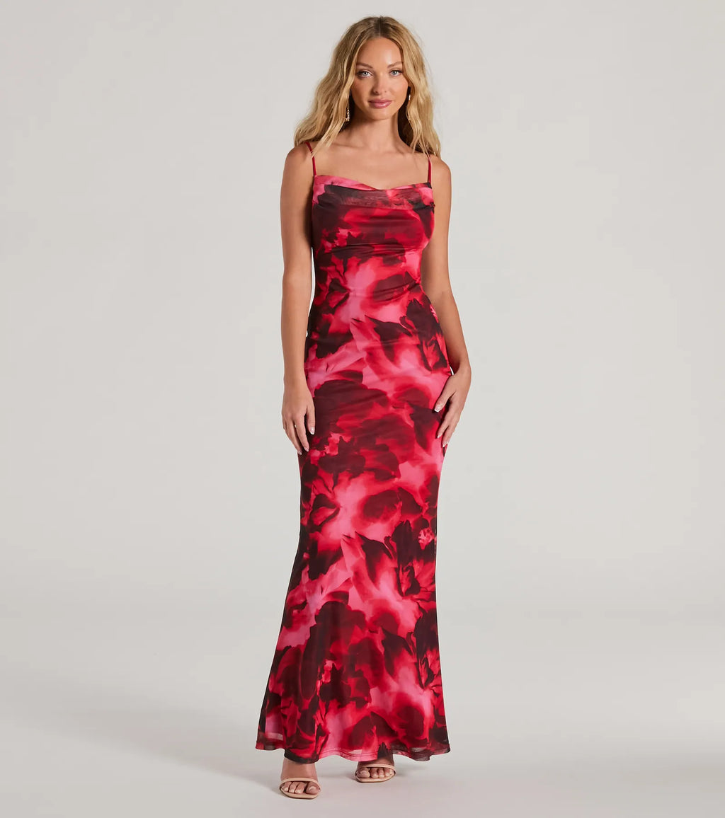 Attract Attention - Abstract Floral Cowl Neck Maxi Dress Fuchsia