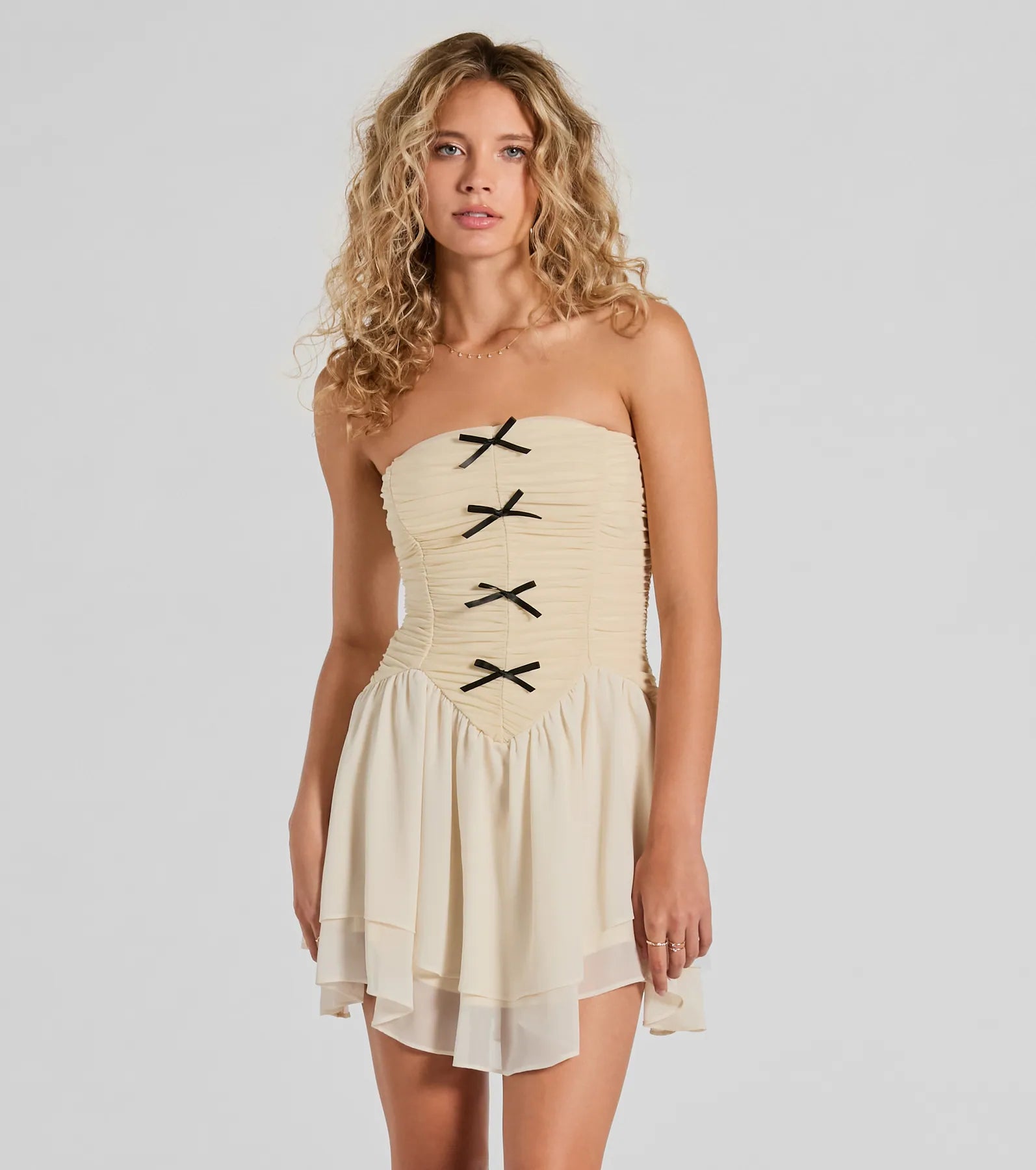 A-line Strapless Ruched Mesh Stretchy Flowy Back Zipper Skater Dress/Midi Dress With a Bow(s)