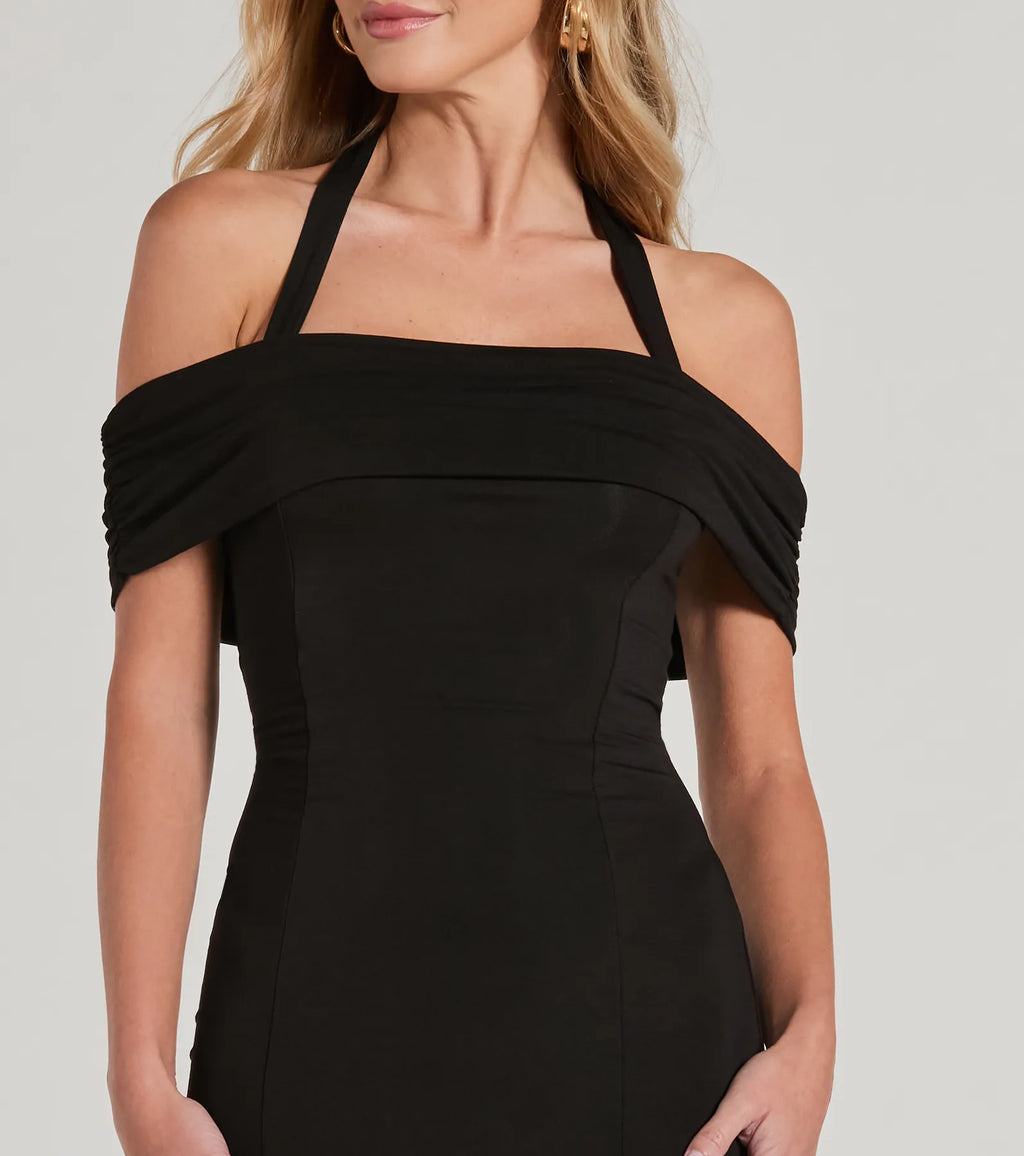 Dial F For Coquin - Halterneck Off-Shoulder Midi Dress Black