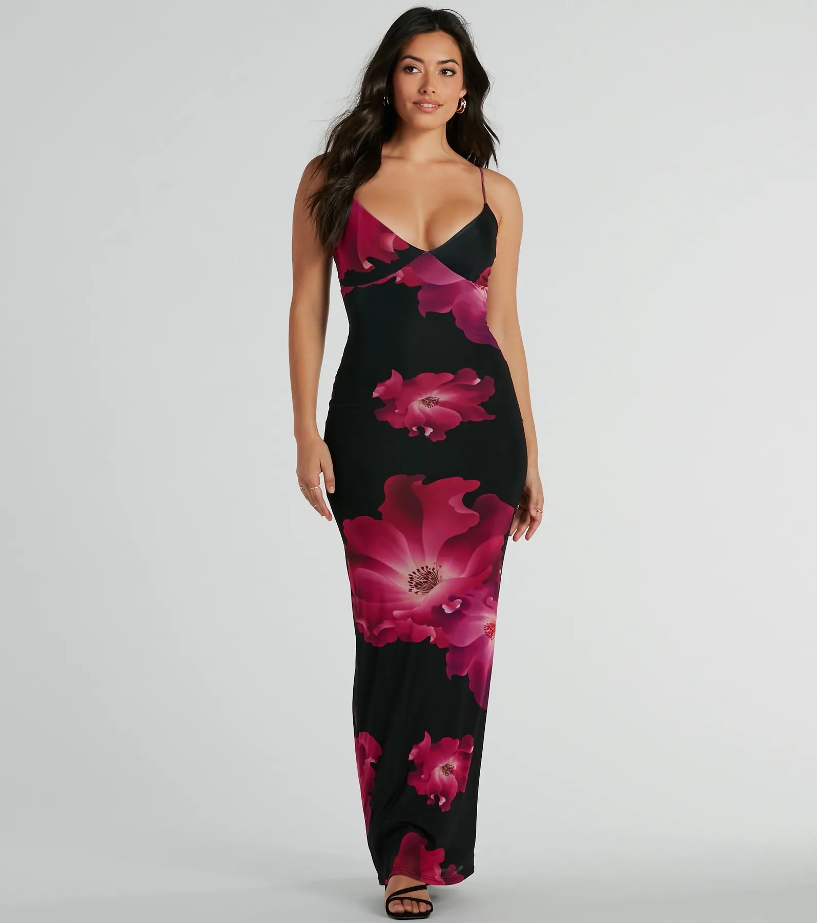 V-neck Mesh Spaghetti Strap Floral Print Bodycon Dress/Maxi Dress
