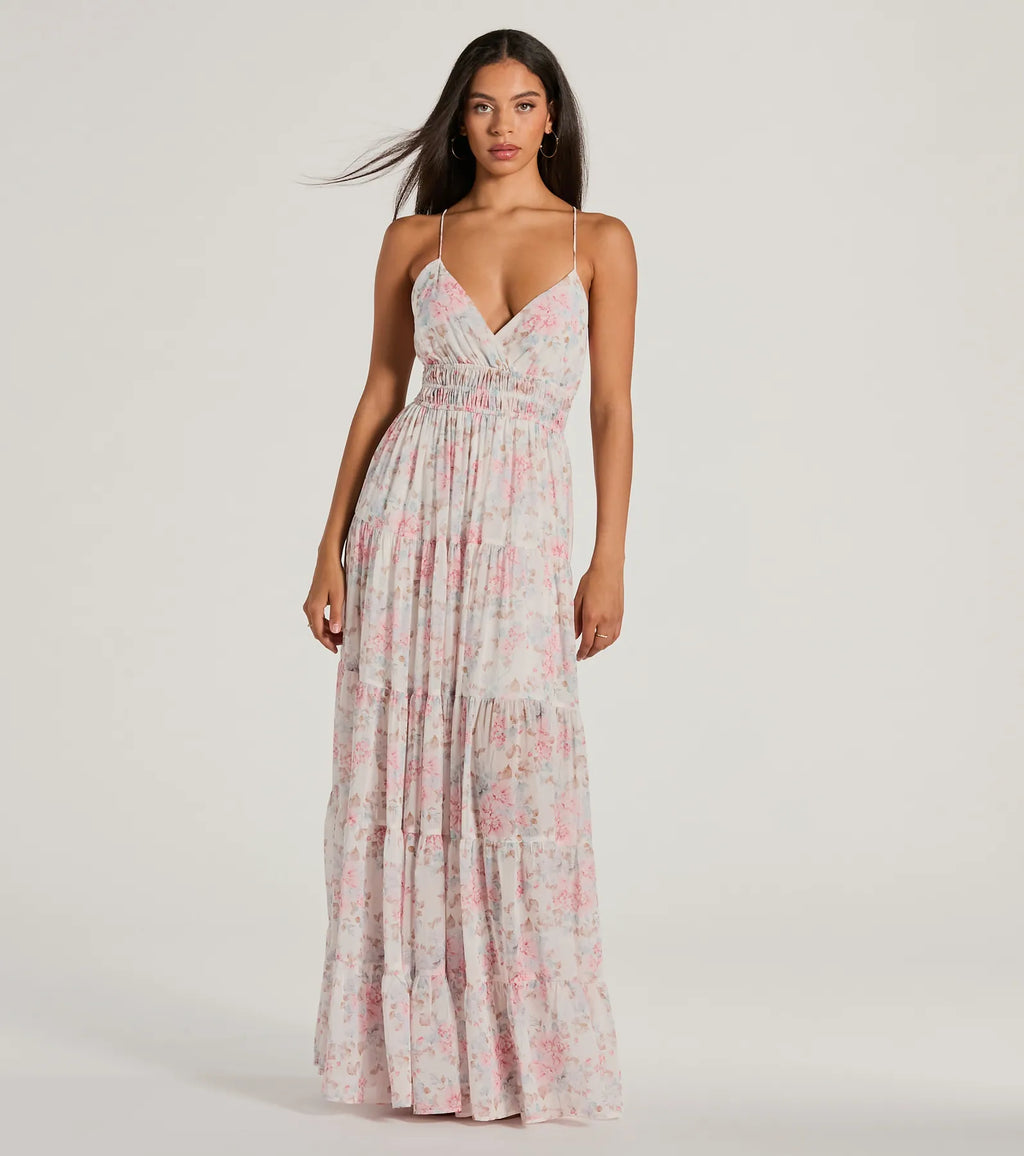Exceptional Bliss lace-up floral chiffon maxi dress Ivory
