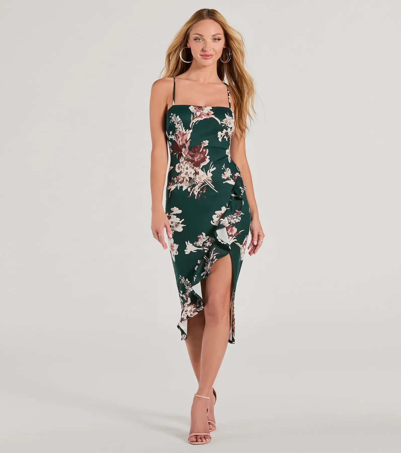 Square Neck Slit Sleeveless Spaghetti Strap Floral Print Skater Dress/Midi Dress With Ruffles