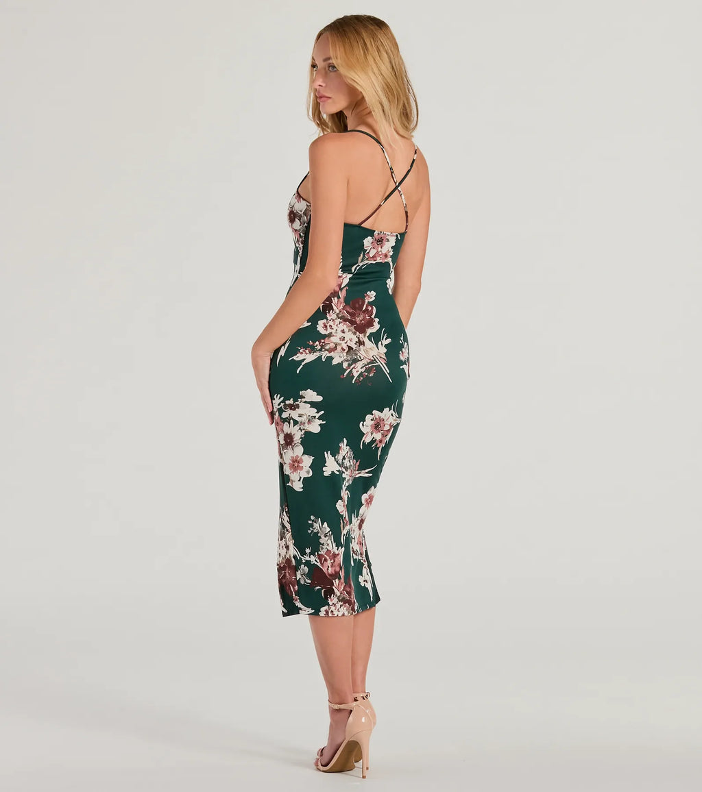 Floral Passion Ruffle Midi Dress Green Hunter