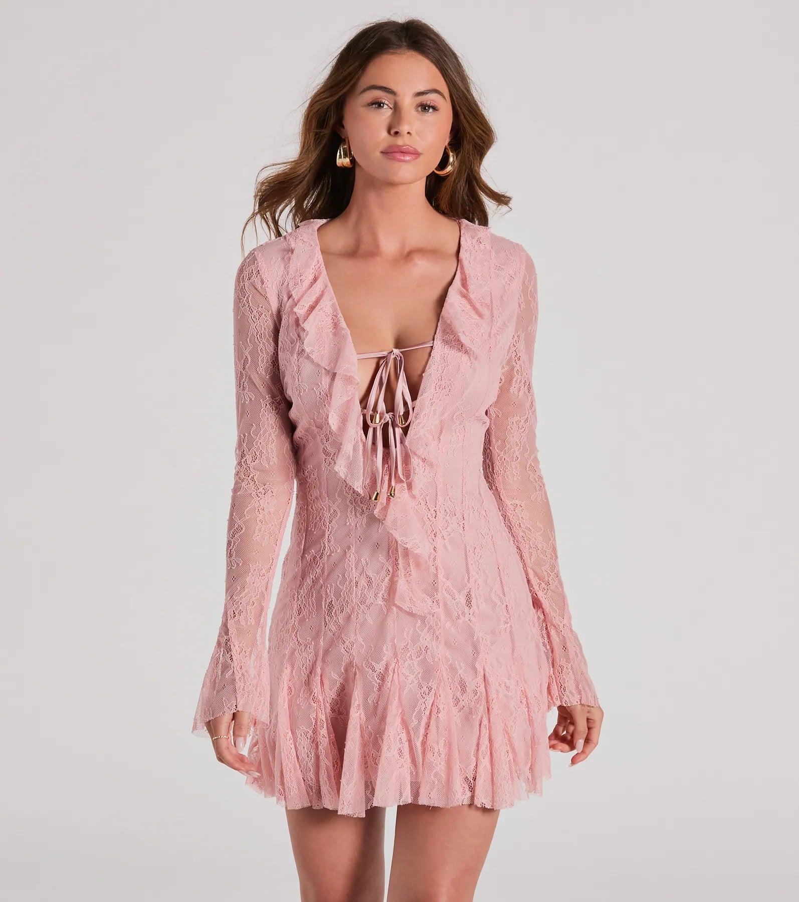 Sophisticated A-line V-neck Cocktail Short Ruffle Trim Long Sleeves Sheer Fitted Plunging Neck Dress