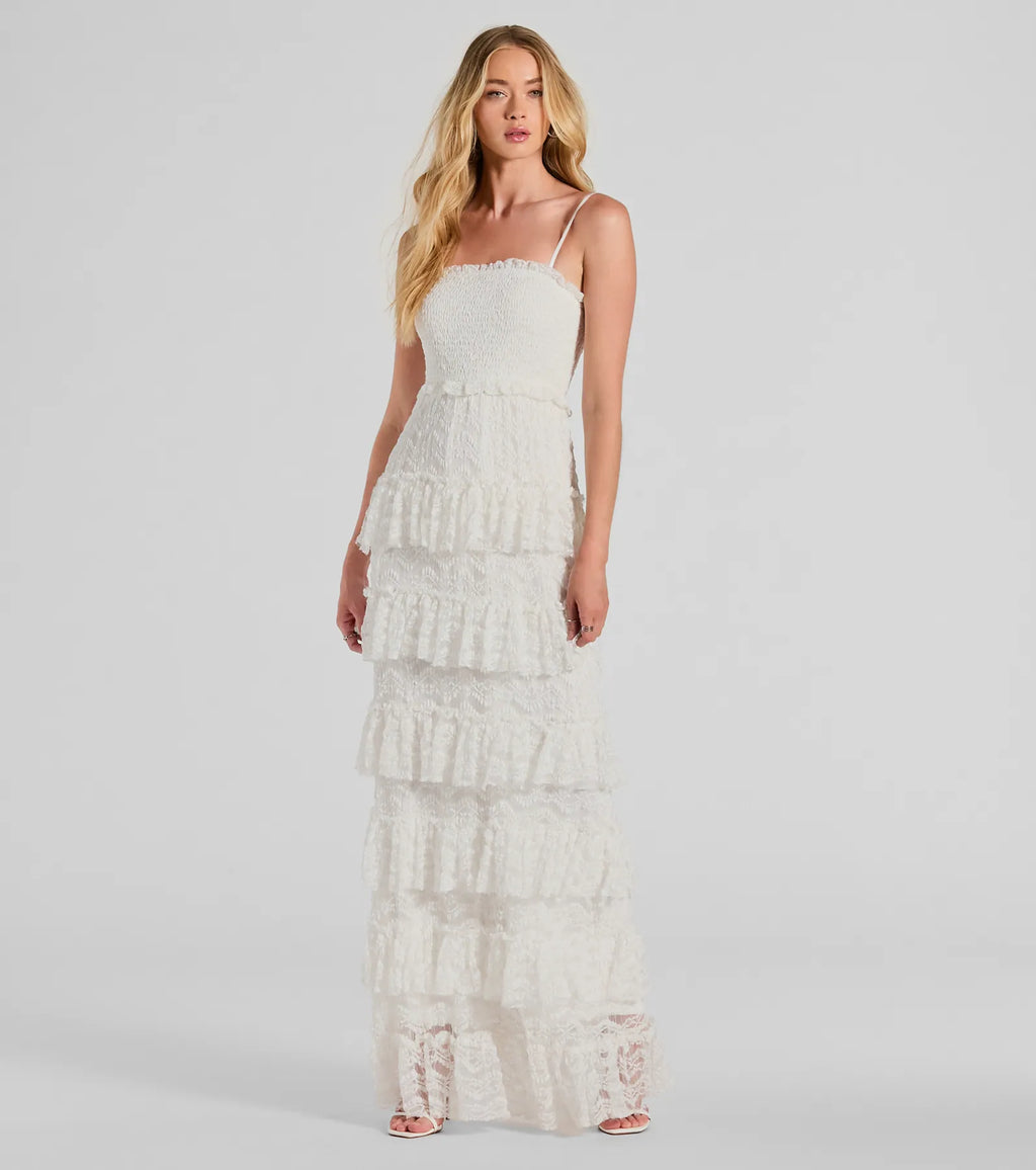 Follow Your Heart Sleeveless Ruffled Lace Maxi Dress Ivory