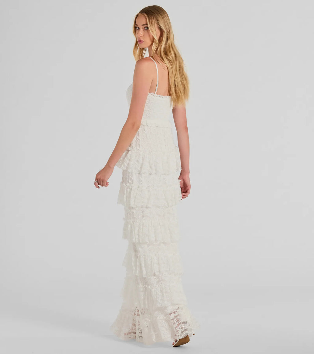 Follow Your Heart Sleeveless Ruffled Lace Maxi Dress Ivory
