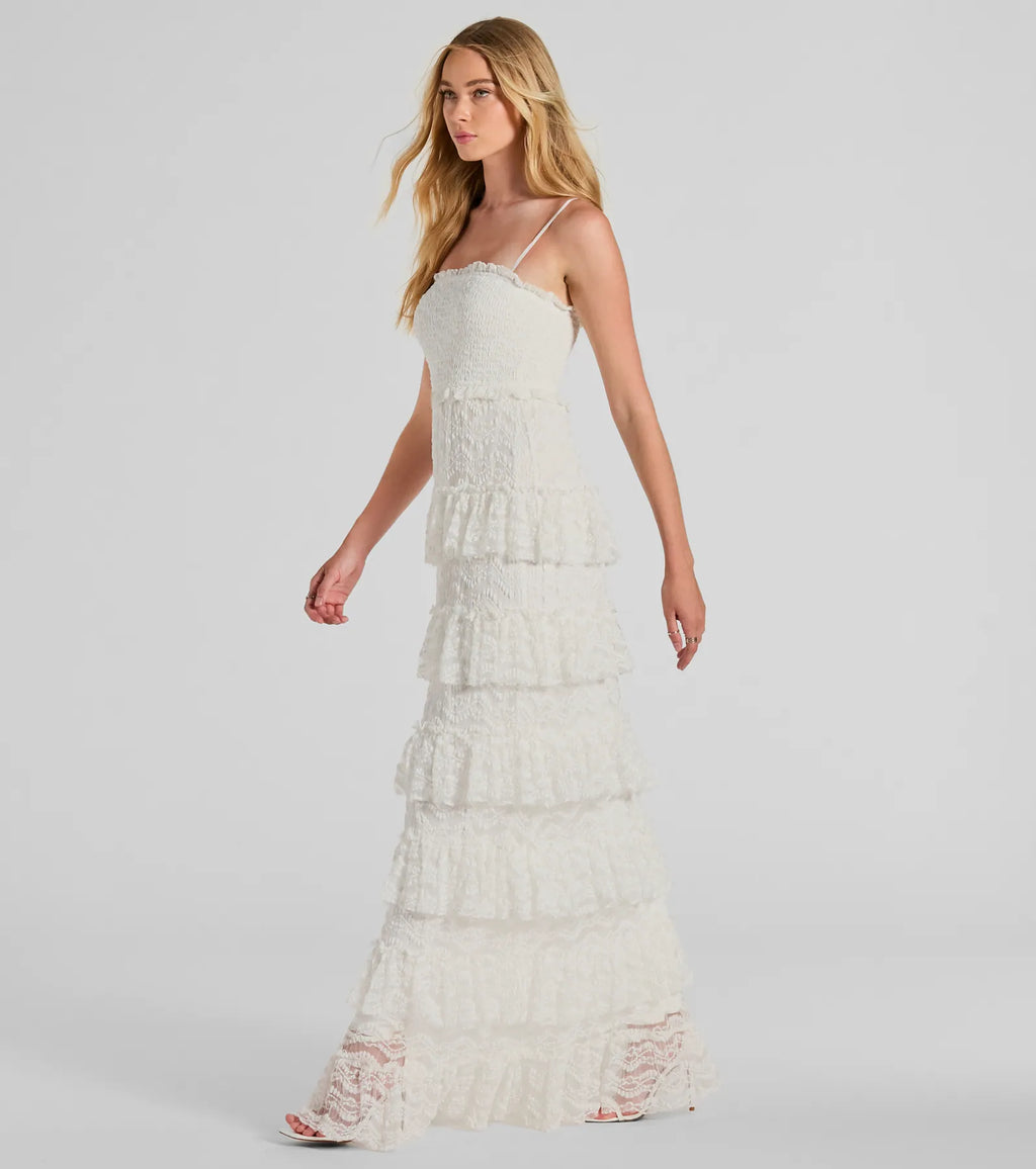 Follow Your Heart Sleeveless Ruffled Lace Maxi Dress Ivory