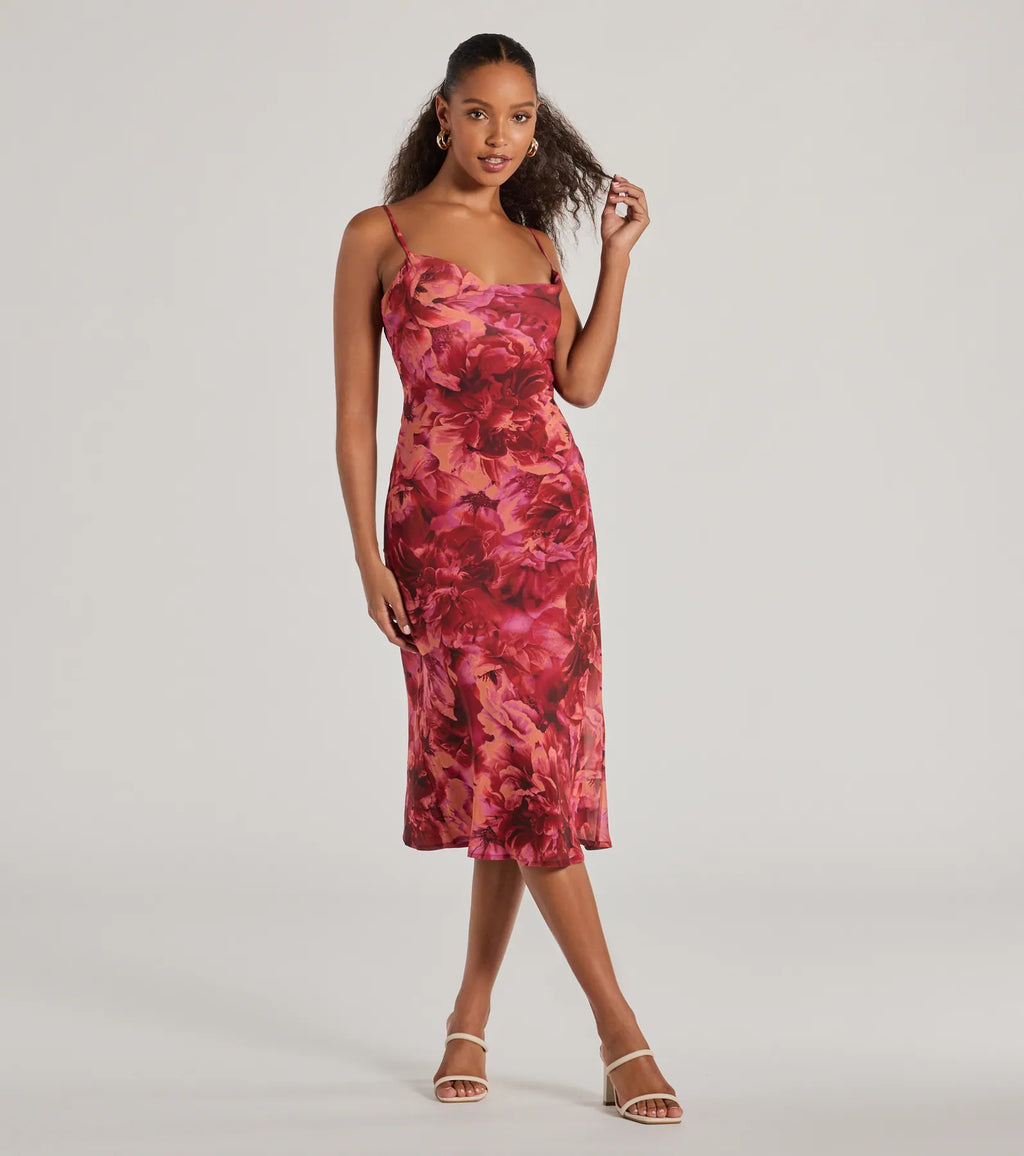 You look pretty in a floral chiffon midi dress Berry