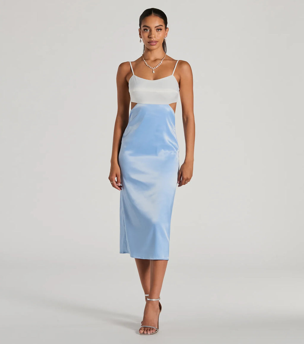 Tie-back color-block satin mid-length dress the perfect pairing Light Blue
