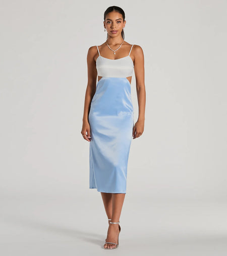 Tie-back color-block satin mid-length dress the perfect pairing Light Blue