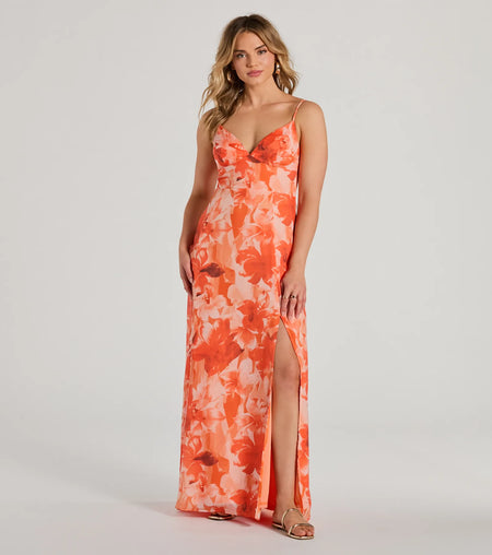 Beauty So Unique Lace Up Floral Chiffon Maxi Dress Orange