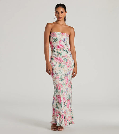 Bohemian Aesthetic Strapless Tie Back Paisley Maxi Dress Ivory Red