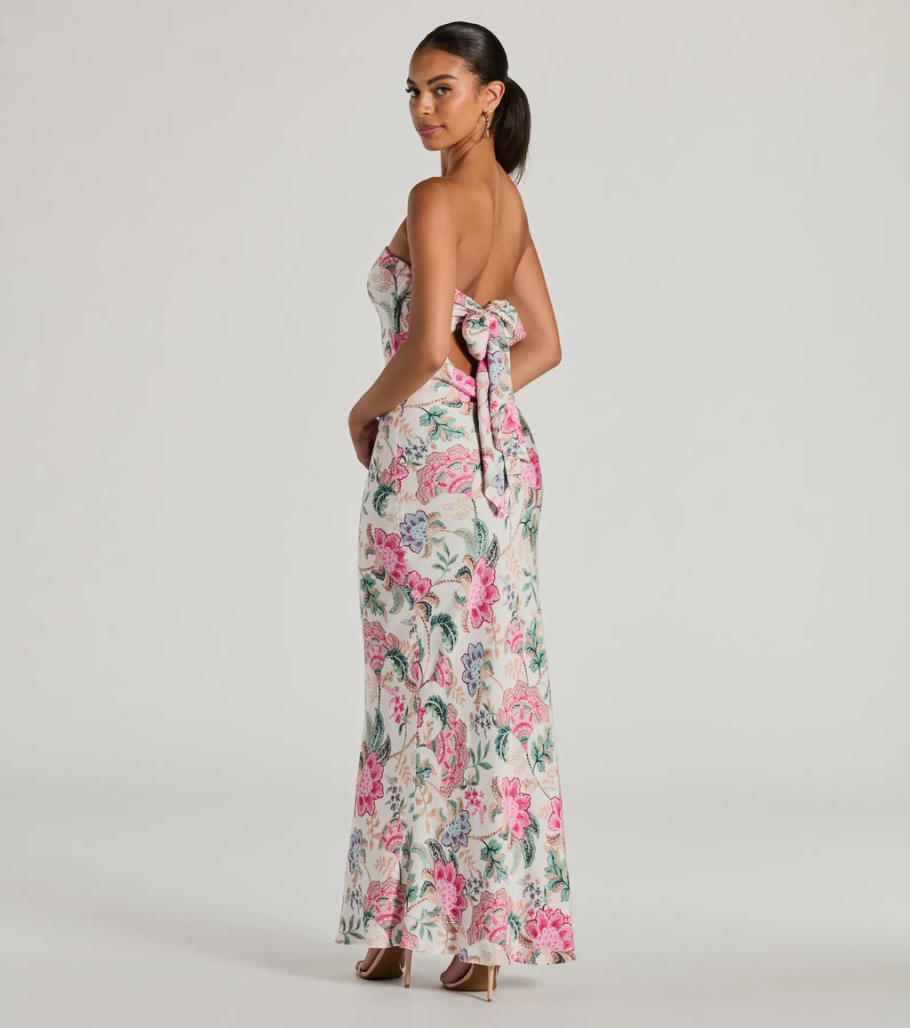 Bohemian Aesthetic Strapless Tie Back Paisley Maxi Dress Ivory Red