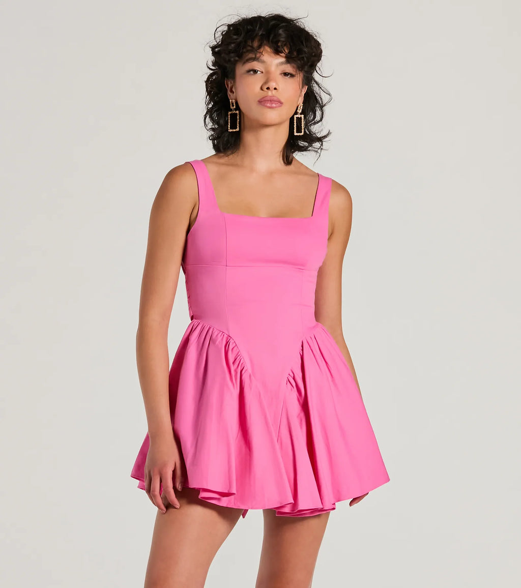 Stunning Sweetie Open Back Bow Skater Dress Fuchsia Ivory