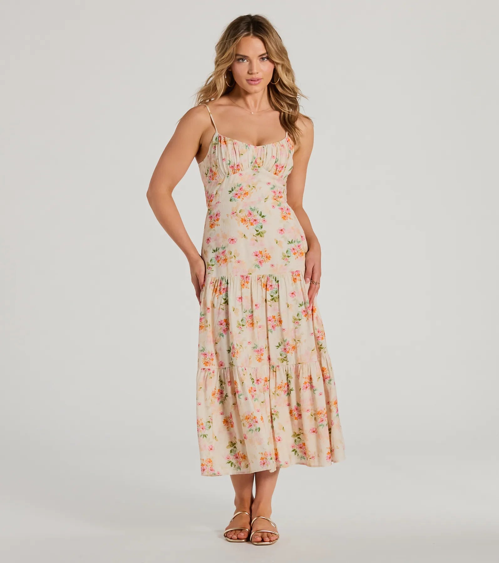 Cocktail Chiffon Lace-Up Flowy Back Zipper Spaghetti Strap Scoop Neck Floral Print Midi Dress With Ruffles