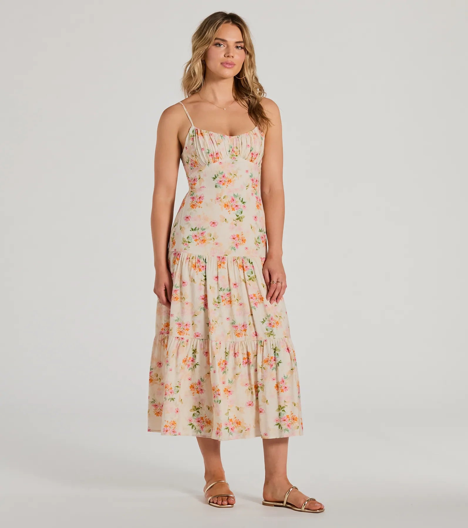 Soiree Hour Lace-Up Ruffled Floral Midi Dress