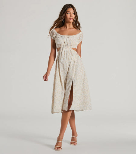 Watch Me Bloom Floral Off Shoulder Midi Dress Ivory