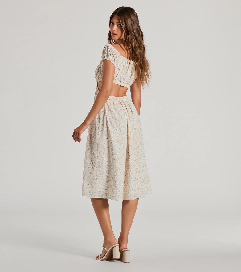 Watch Me Bloom Floral Off Shoulder Midi Dress Ivory