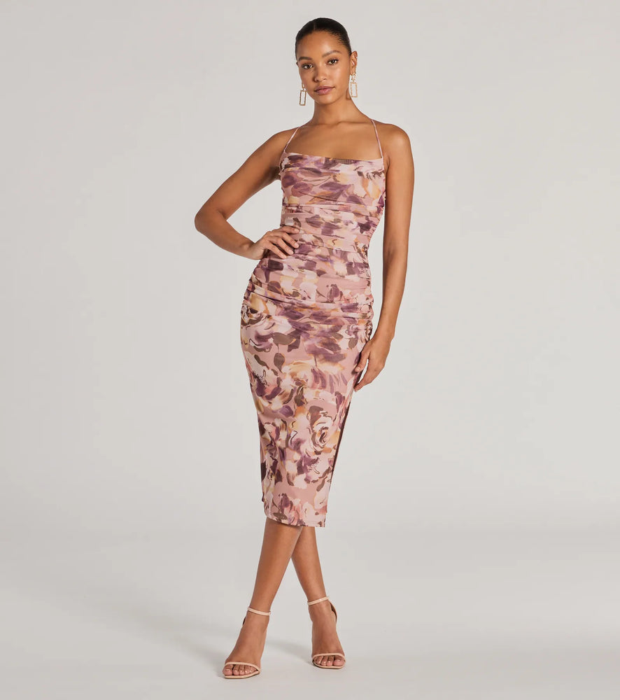 Windsor Floral Energy Lace-Up Bodycon Slit Midi Dress in Natural