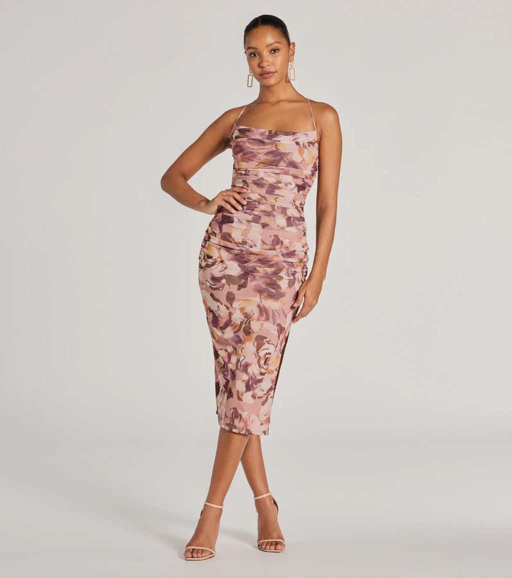 Energy floral print lace-up slit bodycon midi dress Natural
